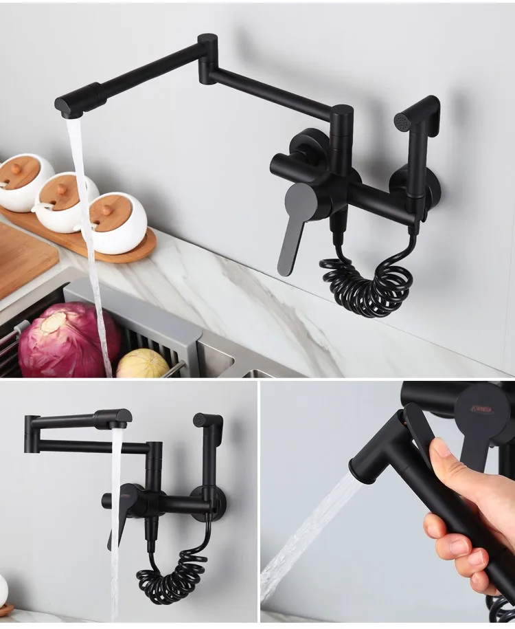 Wall mounted brass kitchen sink faucet Black Multifunctional kitchen mixer faucet with brass handheld sprayer,Rotatable Foldable