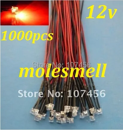 

Free shipping 1000pcs Flat Top Red LED Lamp Light Set Pre-Wired 5mm 12V DC Wired 5mm big/wide angle red 12v led