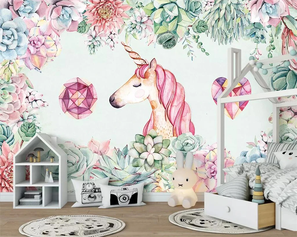 

3d papel de parede Custom wallpaper succulent unicorn children's room background wall decoration mural 3d wallpaper