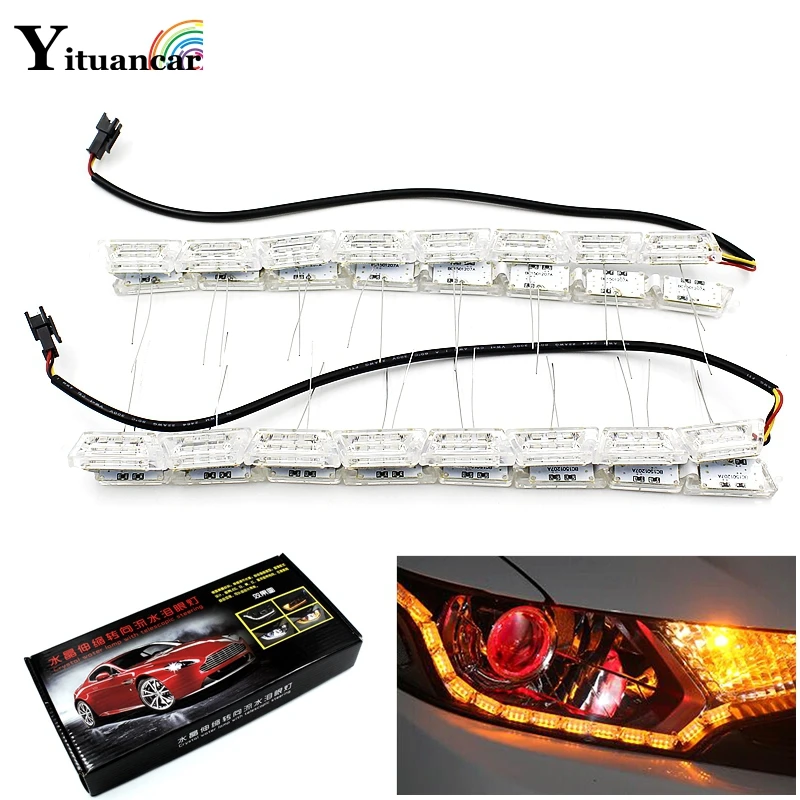 Yituancar 2X Car Flexible Crystal LED DRL Daytime Running Strip Light With Turn Signal Flow Streering Styling White/Amber Lapms