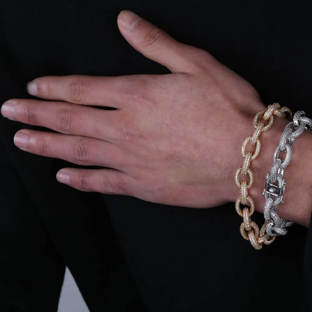 TOPGRILLZ 12mm Mens Charm Link Iced Out Cubic Zirconia Hip Hop Gold Silver Color Bracelets