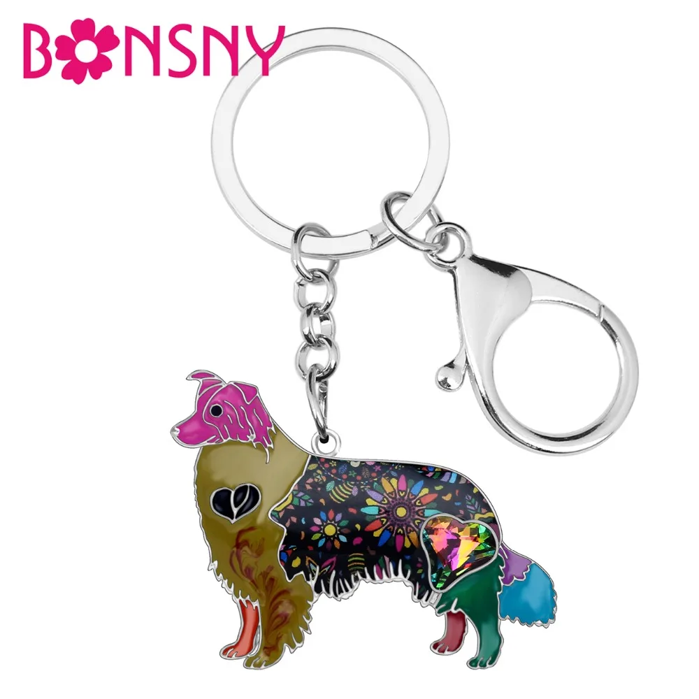 Bonsny Enamel Alloy Rhinestone Border Collie Dog Key Chains Keychains Pendant Animal Pet Jewelry For Women Girls Bag Charms Gift