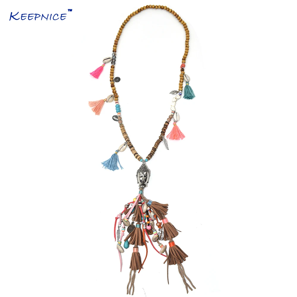 

New Clothing Accessories Bohemian Ethnic Beaded Tassel Long Necklace Colorful Pompoms Long Fringes Buddha Pendants Necklace