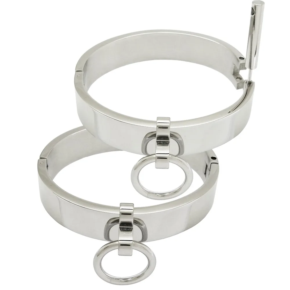 Polished stainless steel lockable slave wrist and ankle cuffs bondage restraints bracelet with removable O ring