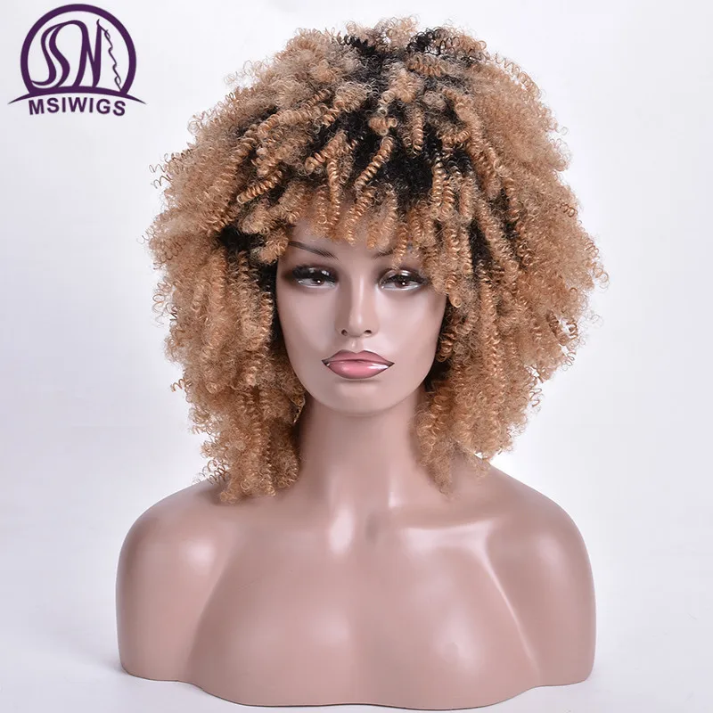 

MSIWIGS Short Curly Wigs Ombre Blonde Afro Synthetic Wig for Women African American Dark Root Natural Hair Heat Resistant