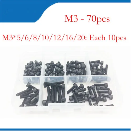 Free shipping 70pcs/box M3 Screws m3 bolts kits Hex socket head cap m3 screw Black steel Hexagon Cylinder Bolt Kits