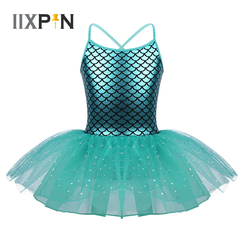 IIXPIN Girls Ballet tutu Dress Glitter Mermaid Costume Spaghetti Shoulder Straps Scales Pattern Printed Dance Gymnastics Leotard