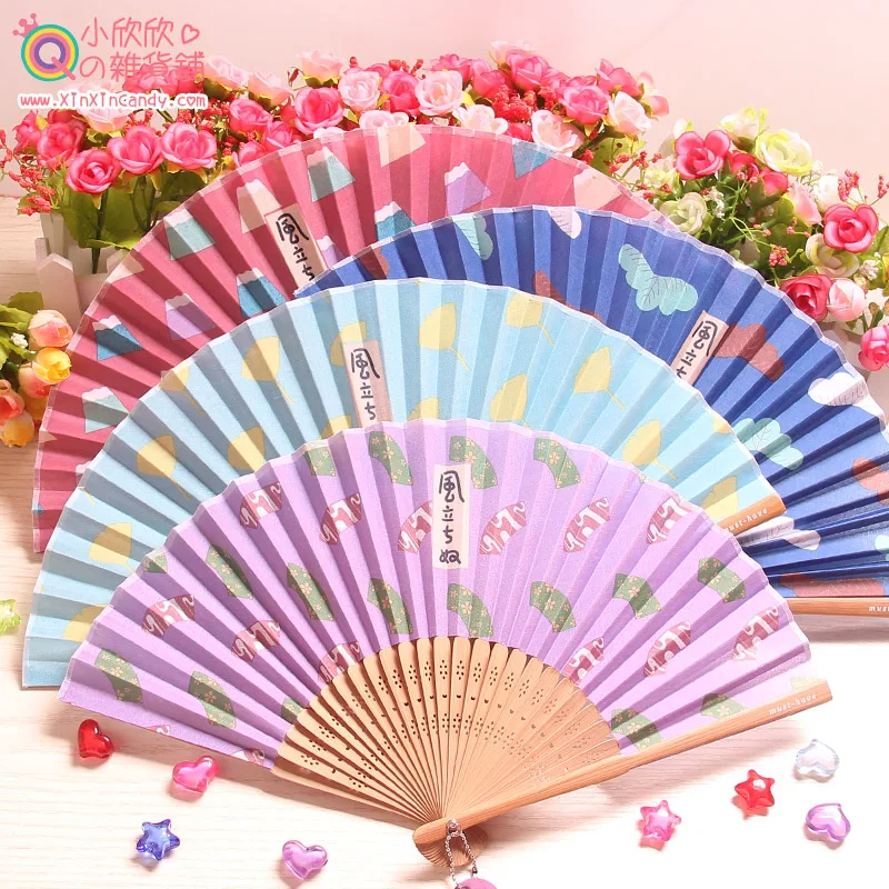 Showtime Korean cute Japanese fabric folding hand fan breeze bamboo craft fan gift Retro