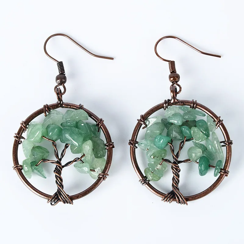 Antique Copper Wire Natural Stone Tree of Life Wisdom Hook Earrings Pink Quartz Round Earring For Women Girls Fashion Jewelry