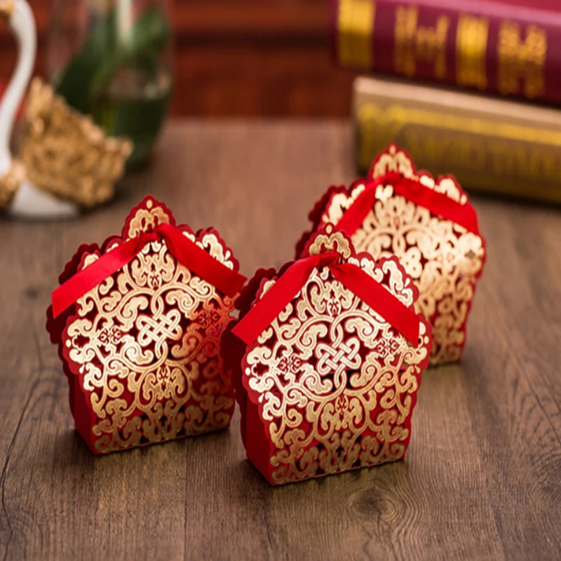 

100pcs Creative wedding candy box red ribbon chocolate paper box wedding candy gift packaging