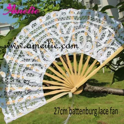 Handmade 27cm Battenburg Lace Embroidery Wedding Fan to Match Lace Parasol 20pcs Lot