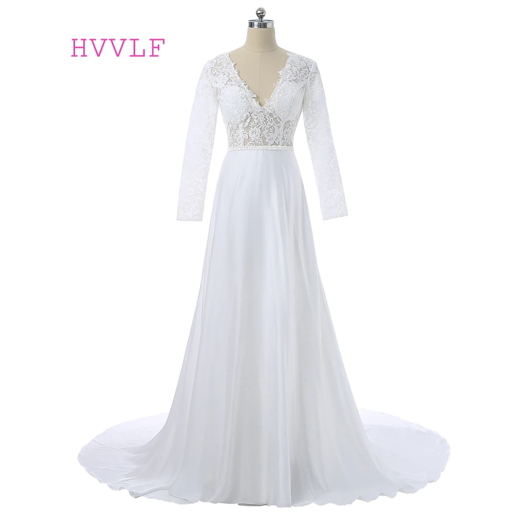 

Backless Vestido De Noiva Wedding Dresses A-line Long Sleeves Chiffon Lace Beach Cheap Boho Wedding Gown Bridal Dresses