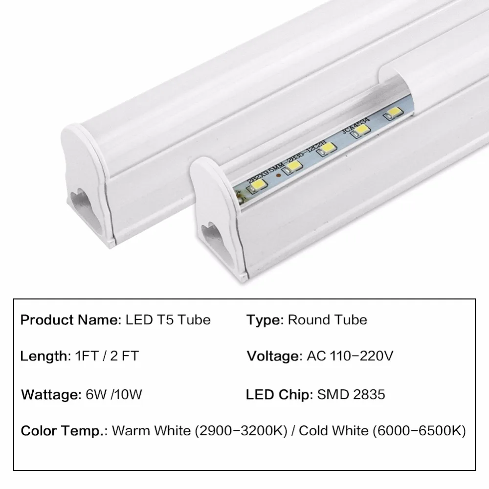 LED Tube T5 Integrated Light 1FT 2FT LED Fluorescent Tube Wall Lamp 6W 10W Lampara Ampoule Cold Warm White 110V 220V Bulb Light