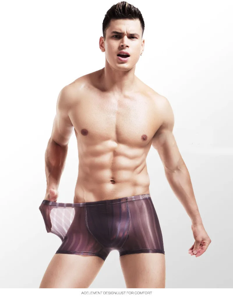 DANJIU Sexy Gay Transparent Male Underwear Ice Silk Stripe Seamless Man Boxer Shorts Thin Breathable Soft Mens Underpants Cue