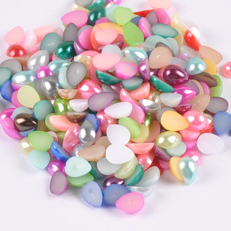 100pcs 8x6mm Mix Color Drop-shaped Imitation Half Round Pearl Flatback Beads for Scrapbook DIY Decoration YKL0718