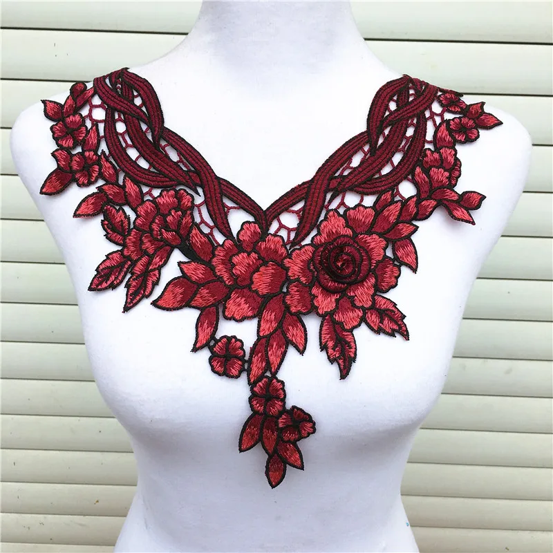 1pc Colorful Flower Lace Fabric Dress Applique Motif Blouse Sewing Trims, DIY Neckline Collar Costume Decoration