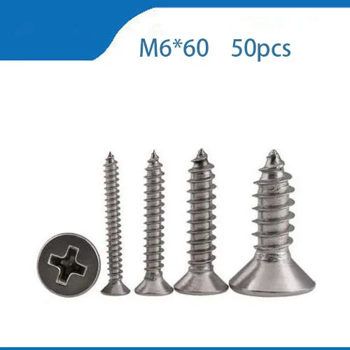 50pcs/lot M6*60 Countersunk Head Self Tapping Screw A2-70 Stainless Steel SUS304(Cross Recessed Flat Head) M6 bolts,m6 nails