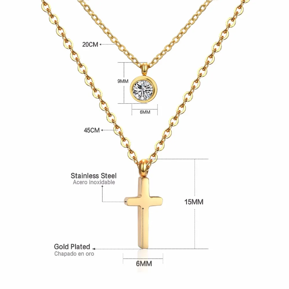 LUXUSTEEL Double Layer Golden Color Cross Pendant Necklace With Round Cubic Zirconia Pendants For Women Fashion Accessories 2019