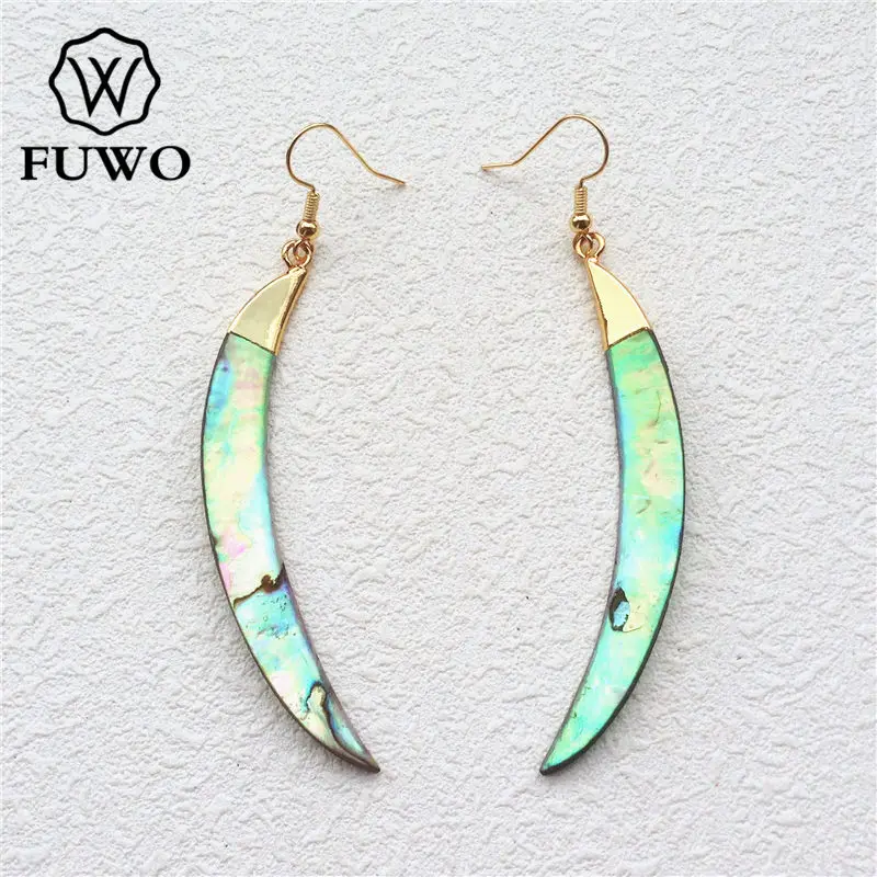 FUWO Natural Tusk Abalone Shell Earrings With Golden Filled Minimalist Design Crescent Shaped Long Paua Shell Earrings ER615