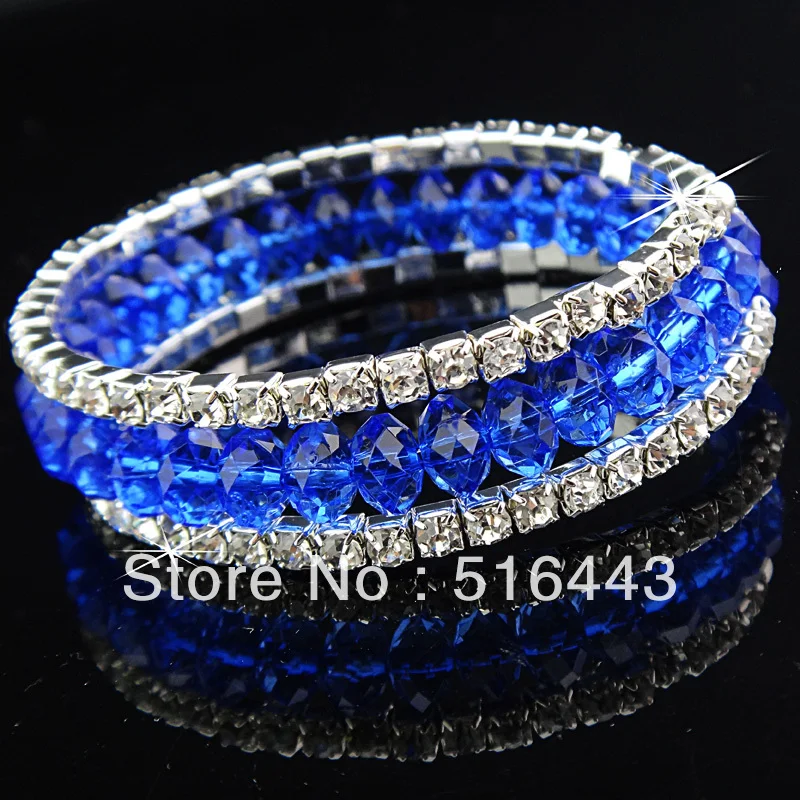 

12pcs 3rows Sapphire Crystal Czech Rhinestones Stretchy Women Charms Bangles Bracelets Wholesale Fashion Jewelry A-707