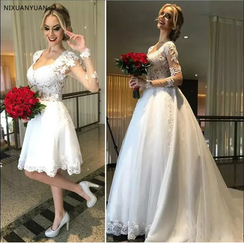 فستان زفاف 2 في 1 شفاف من الخلف فستان الزفاف 2023 أنيق طويل الأكمام الدانتيل زين Vestido De Noiva