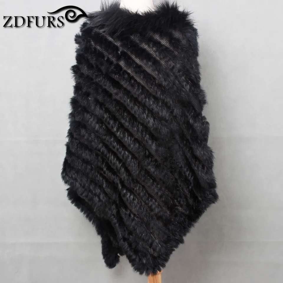 ZDFURS *knitted real rabbit fur poncho plus size raccoon fur collar trim fashion street fur style warps