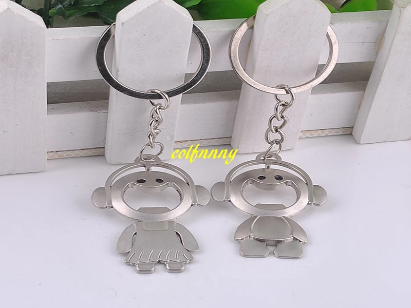 50pairs/lot(=100pcs) Bride & Groom Couple Beer Bottle opener With Keychain Lover Key Chain Keyring Alloy Wedding Gifts