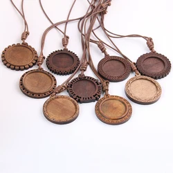 1pcs 25/30mm  Inner Size Wood Cabochon Settings Blank Cameo Pendant Base Trays With Leather Cord For Jewelry Necklace Making