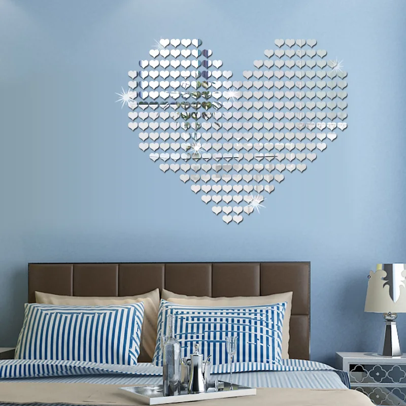 50pcs/set 4*5cm Acrylic Mirror Surface Heart-shaped Wall Sticker For Kids Rooms Wedding Decoration Wall Decal Love DIY Art Mural