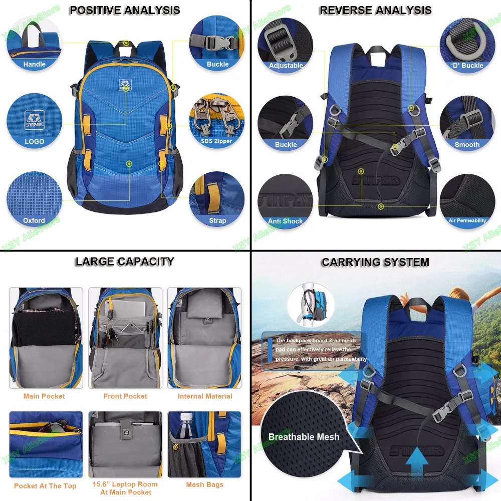 Sinpaid mochila de viagem de alta qualidade, bolsa para montanhismo, para homens, mulheres, adolescentes, cor amarelo verde & azul