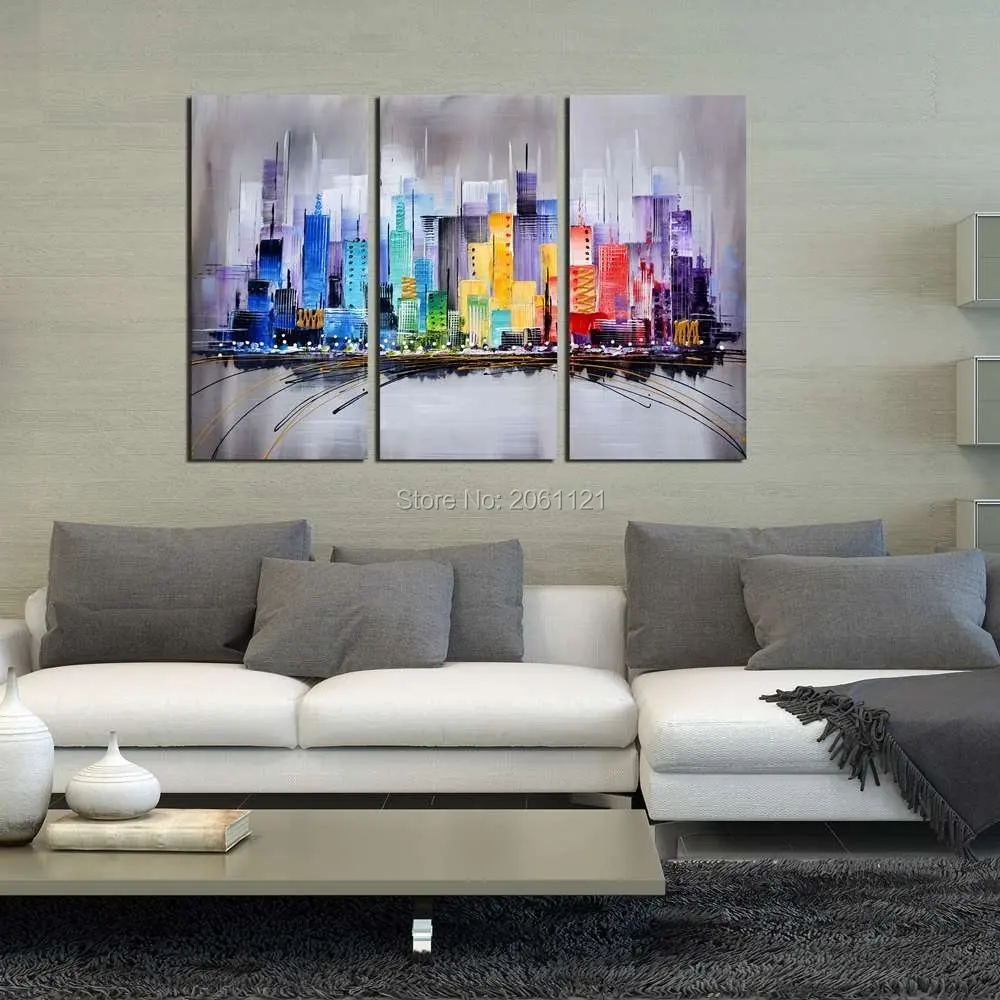 

100% Hand-painted Modern Abstract Citysacpe Artwork color City 3 panels Oil Paintings on Canvas Wall Art for Home Decorations