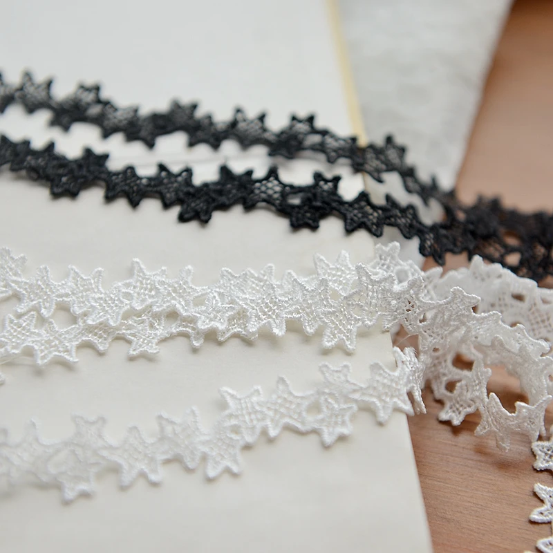 Star Embroidered Lace Edge Trim Ribbon Applique, DIY Sewing Craft, Vintage Wedding Bridal Dress Clothes, White and Black