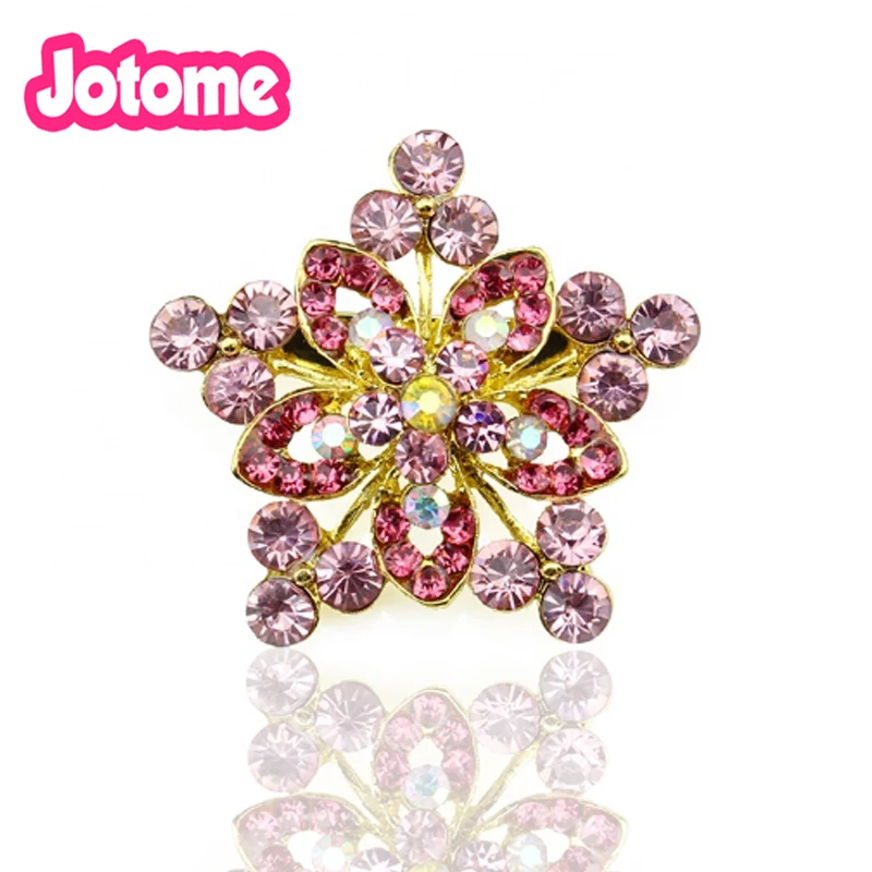 100pcs/lot pretty gold Plated Clear Crystal Metal Gold Star Flower Brooch pin with mix pink and red rhinestone