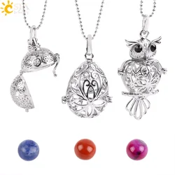 CSJA 26 Natural  Stone Beads Hollow Carved Round Ball Egg Owl Bird Wish Bottle Locket Pendant Necklace Women Bijoux Jewelry E503