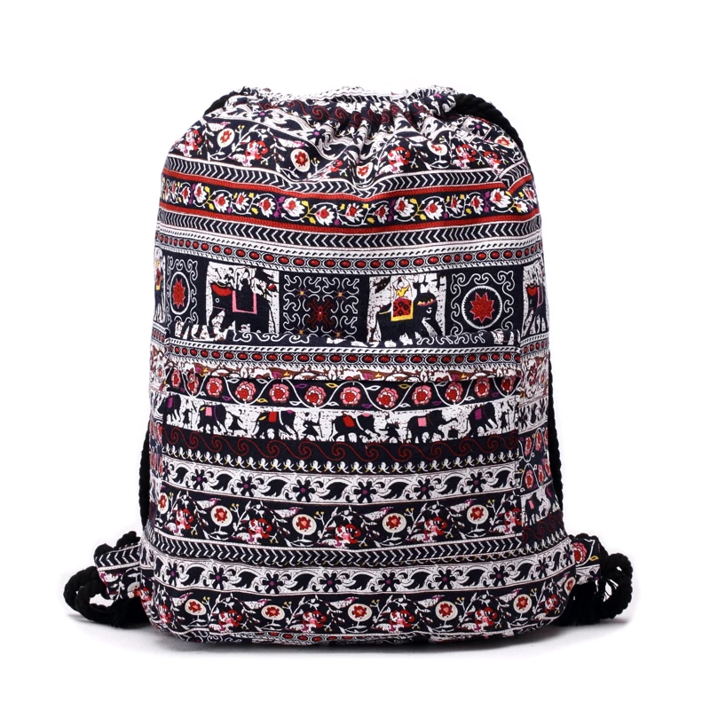 Women Backpacks Bohemian Style Bag Cotton Fabric Shoulder Bag Vintage Aztec Backpack Double Zipper Drawstring Rucksack Hobo Bag