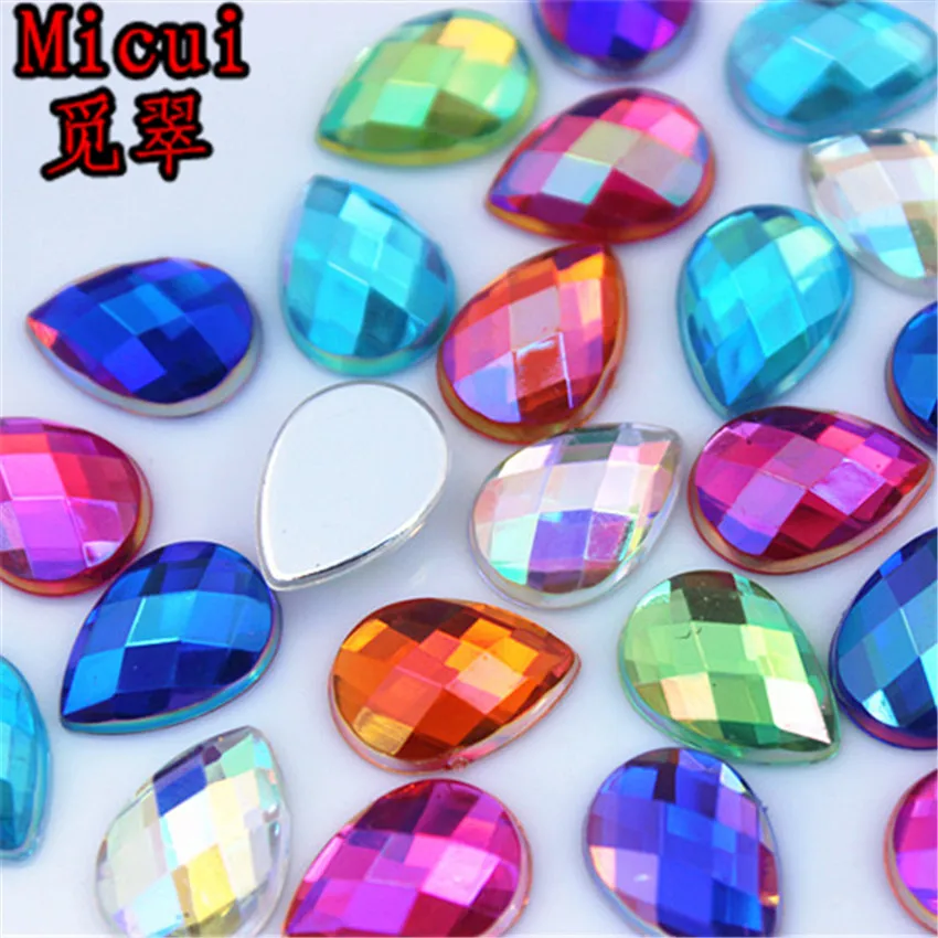 Micui 100PCS 10*14mm Mix Color Drop Rhinestones Flat Back Acrylic Gems Crystal Stones Non Sewing Beads for DIY Clothes MC189