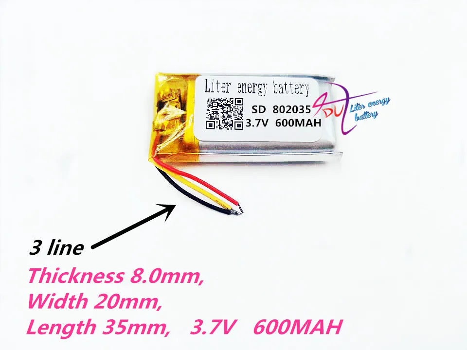 3-przewodowa bateria polimerowa 802035 3,7 V 600 MAH inteligentne domowe głośniki MP3 Akumulator litowo-jonowy do rejestratora DVR, GPS, MP3, MP4,