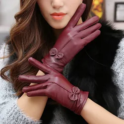 Real Genuine Leather Gloves Women Luxury Warm Sheep Skin Winter Girls Real Leather Yellow Glove Driving  Warm Ladies Glove