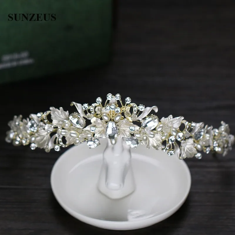 Neuer Stil Silber Braut Tiara Perlen Strass Hochzeit Krone Blätter Stirnband Ehe Zubehör sq0242