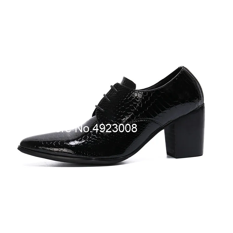 8cm Men High Heels Genuine Leather Dress Shoes Lace Up Black Oxford Shoes For Men Thick Heel Snake Pattern Mens Classic Shoes