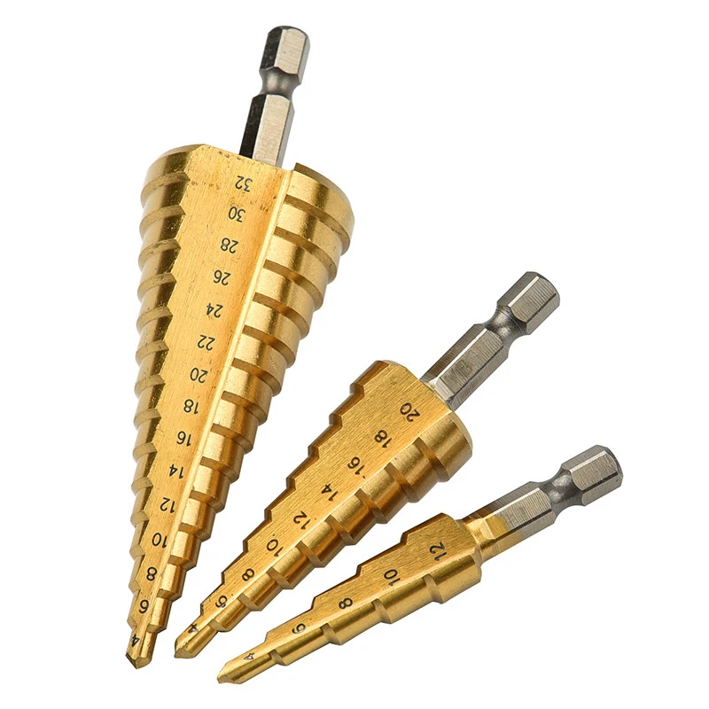 HSS Passo Punta Del Trapano s Hex Shank Cono Passo Core Punta Del Trapano Foro Cutter Set 4-12mm 4-20mm 4-32mm Metric Spirale Passo di Perforazione del Metallo