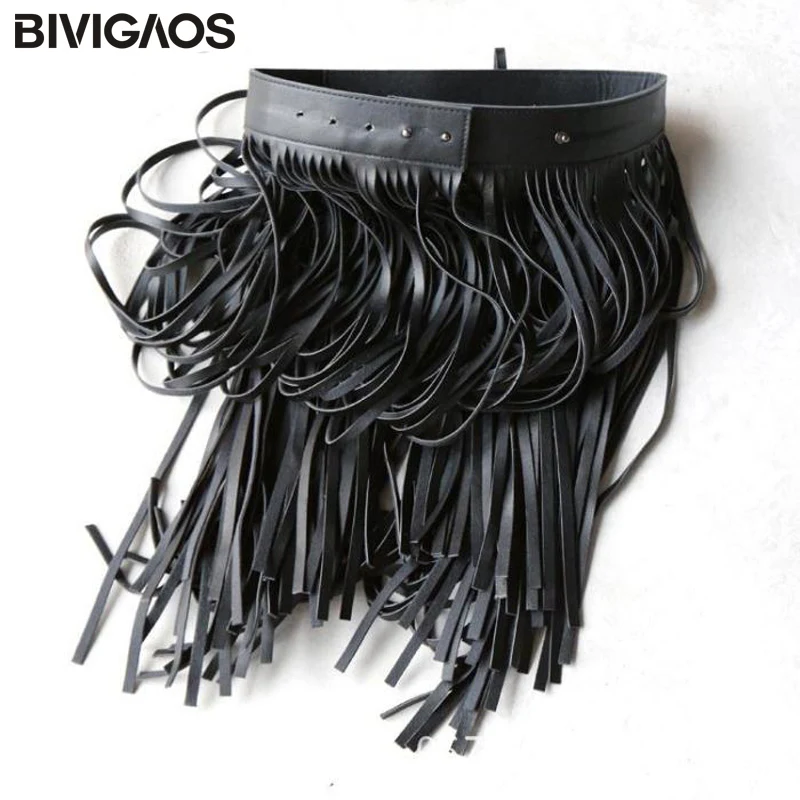 BIVIGAOS Womens PU Leather Girdle Long Skirt Tassel Belt Skirts Female Wild Gypsy Style Skirts Adjustable Faldas Largas Saias