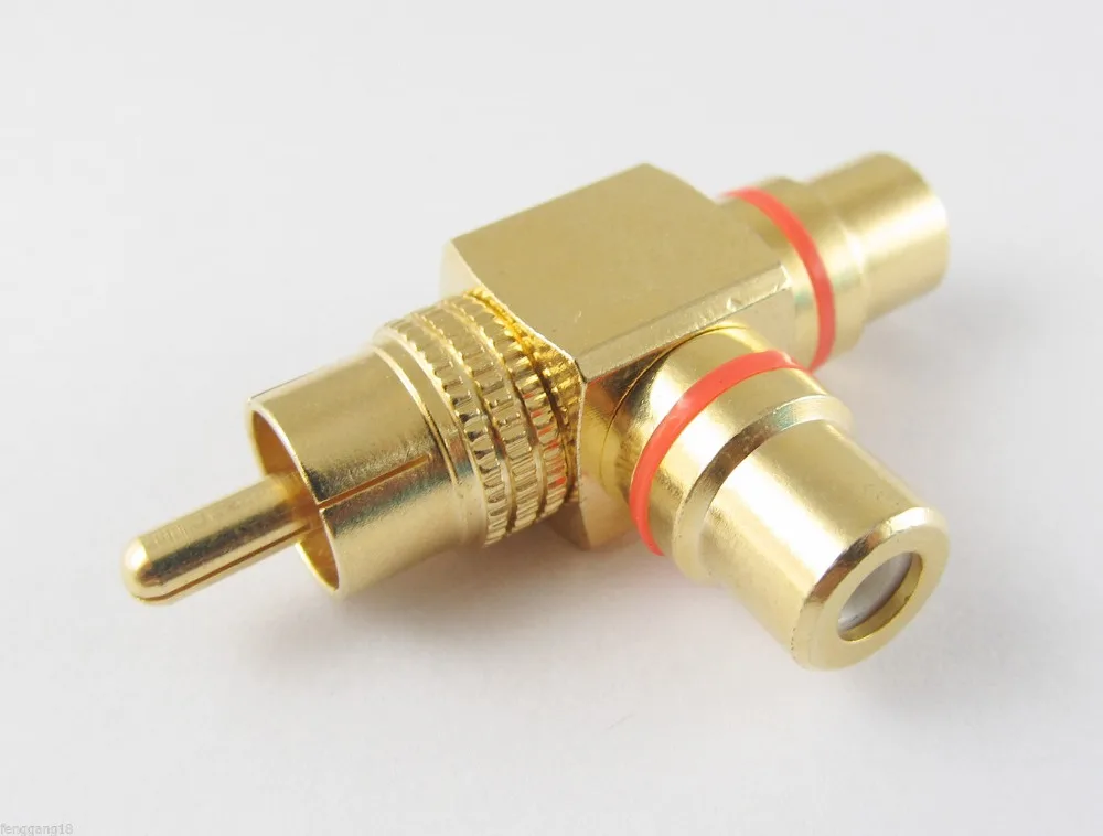1ピース1 rca雄プラグにデュアル2 rcaメスジャックtアダプタコネクタゴールドメッキ