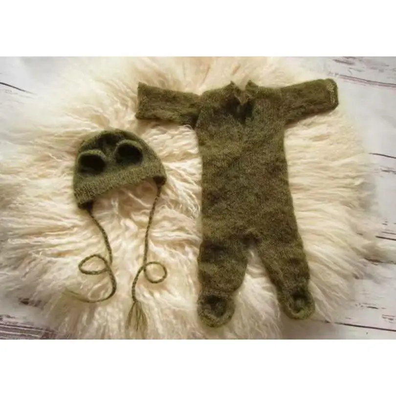 

Newborn baby hooded romper Knit mohair overall sets New arrival moahir bonnet and romper outfit Newborn photography props