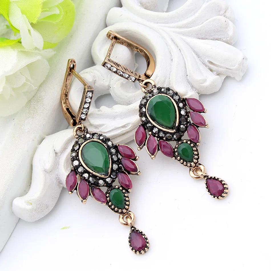 India Bride Water Drop Resin Flower Earrings Hollow Fireworks Long Hook Earring Vintage Jewelry Antique Gold Color Arabia Dance