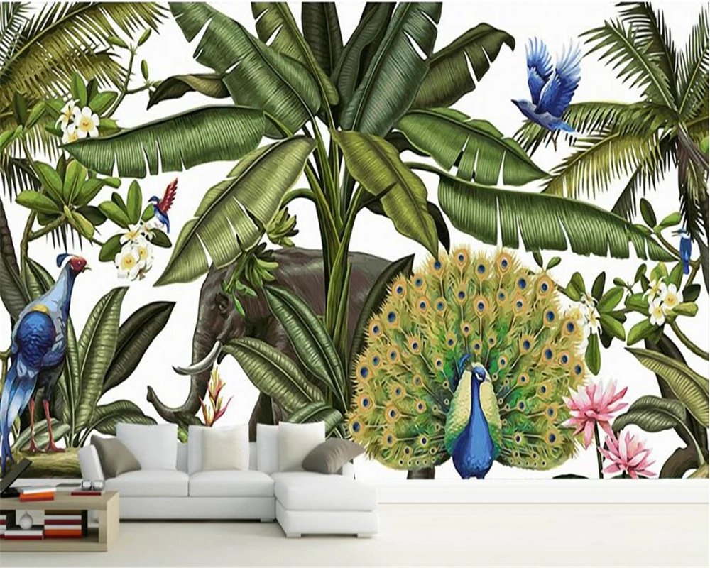 

Beibehang Custom wallpaper huge nordic rainforest banana peacock elephant living room bedroom tv sofa background 3d wallpaper