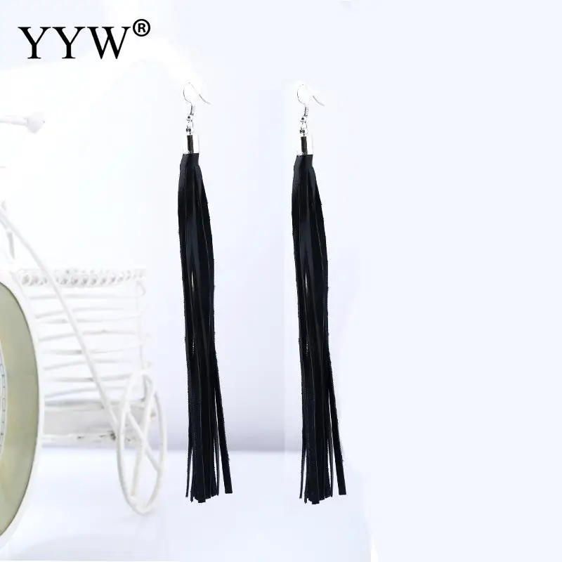 Vintage Black PU Leather Long Tassel Earrings for Women Female  Zinc Alloy Iron Hook Dangle Earrings Statement Party Jewelry