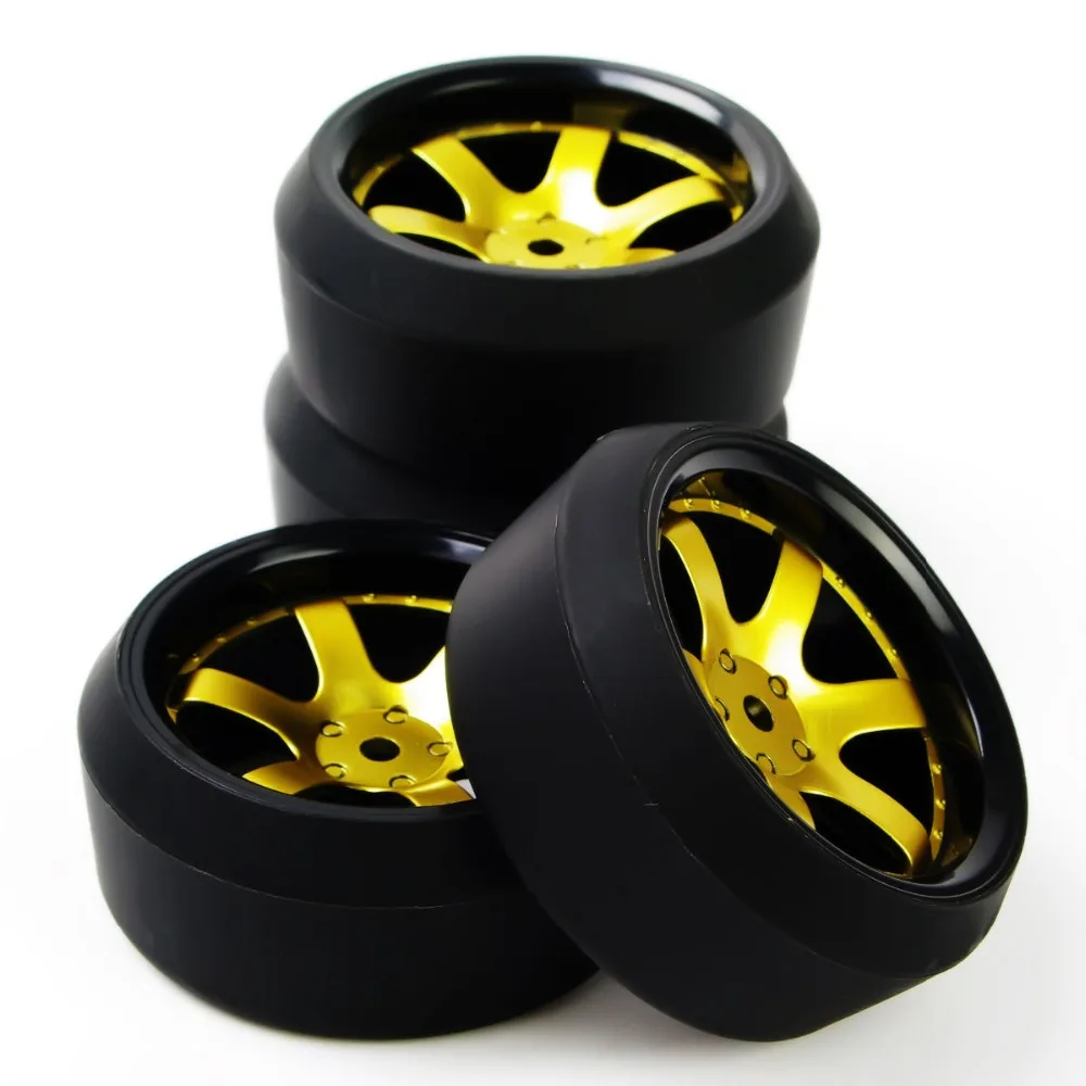 4pcs Set RC Drift Tires Gold Wheel Rim For HSP HPI 1:10 On-Road Car 6mm Offset 12mm Hex Accessory