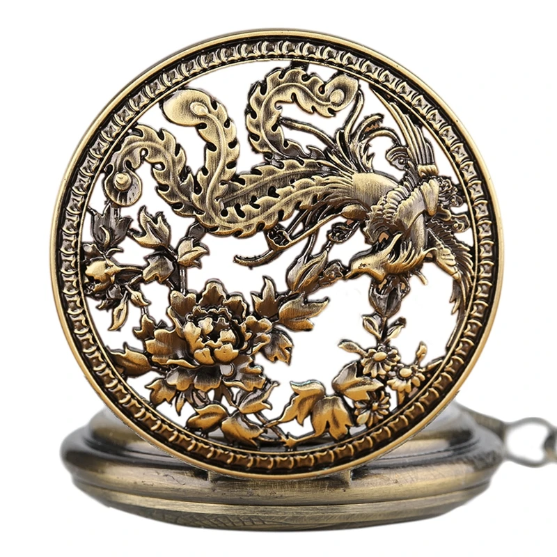 Vintage Exquisite Carving Phoenix Automatic Mechanical Pocket Watch Chain Women Fob orologi Fashion Retro Copper Hollow Clock