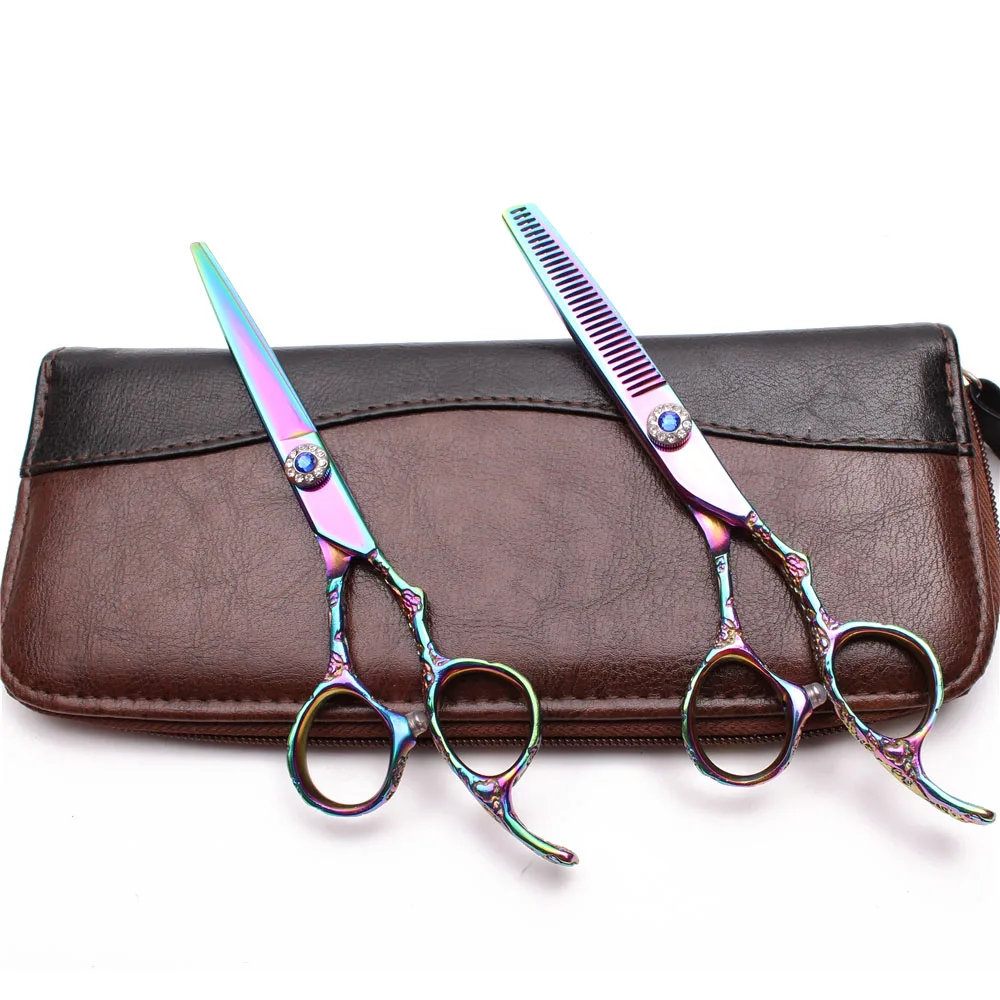 

9002# 5.5" 440C Colorful Customized Logo Hairdressing Scissors Cutting Shears Thinning Scissors Salon Hair Scissors Plum Handle